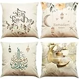 BINXWA Ramadan Kissenbezug,4 Stück Mond Laternen Baumwolle Leinen Kissenhülle Kissenbezug 45x45cm Ramadan Kareem dekokissen Happy Ramadan deko Sofa Kissen