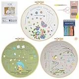 LOMOHOO Stickset für Anfänger, 3 Sticken Set Erwachsene Kinder, Blumenmuster Pflanzen Stickerei Set mit Stickrahmen Stickgarn Sticknadeln, Embroidery Kit Kreuzstich Set für DIY Kunst Handwerk