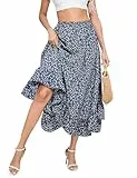 KOJOOIN Damen Rock lang Maxirock Elastische Taille Blumen Sommerrock A-Linien elegant Faltenrock Rüschensaum (Verpackung MEHRWEG), A-Dunkelblau2, M