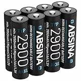 ABSINA Akku AA wiederaufladbar 2900 8er Pack - NiMH AA Akku mit 1,2V & min. 2650mAh - Aufladbare Batterien AA für Geräte mit hohem Stromverbrauch - Akkus AA für Blitzgerät, Wii & Xbox Controller