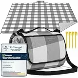 HAUSPROFI Picknickdecke 200x200cm, wasserdicht & isoliert - XXL Outdoor Decke für Picknick, Strand, Garten. Campingdecke mit Baumwolle gepolstert, Inkl. Tragegriff & Heringe, Grau/Weiß Kariert