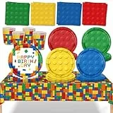 MORAINJAY 69 Stück Geburtstag Party Geschir, Bausteine Partygeschirr Set mit Pappteller, Servietten, Tassen, Tischdecke für Kindergeburtstag Babyparty, Geburtstag Geschirr Set Deko für 16 Gäste