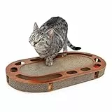 Pfotenolymp Katzenkratzbrett 57 x 30 x 5 cm - Interaktives Kratzbrett aus Wellpappe - Kratzpappe für Katzen mit Futterspielzeug - Spielball und Katzenminze - Kratzspielplatz für Katzen