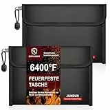 JUNDUN 2er Pack Feuerfeste Tasche(27x17cm, 6400℉), 12-lagige Wärmedämmung | Doppeltem Reißverschlussfach Feuerfest Geldtasche, Kleine Bargeldbeutel für Scheine, Bargeld, Quittung, Reisepass