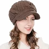 Fancet Damen-Strickmütze aus 100 % Merinowolle, Strickmütze, Newsboy-Mütze, Wintermütze, Baumwolle, gefüttert, für Mädchen, Braun