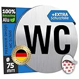 SCHILDERBOXX® WC Schild Selbstklebend - Toilettenschild [Ø75mm, 100% Alu, 3M Tape] – Türschild Toilette Aufkleber Tür, Gäste WC-Schilder, Toilettenschilder