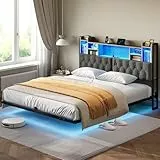 YITAHOME Bettgestell LED mit Kopfteil LED-Beleuchtung USB-Ladestation inkl Kopfteil schwebendes Design Metallrahmen Stoffbezug in grau ohne Matratze 180X200CM