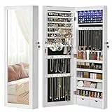 SONGMICS Schmuckschrank hängend, Wandspiegel, 6 LED-Glühbirnen, abschließbarer Spiegelschrank, Wandschrank, Wandmontage, an der Tür hängend, weihnachten, weiß mit Holzmaserung JBC93W