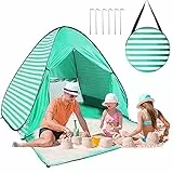 Strandmuschel Pop Up Strandzelt, Extra Light Pop Up Zelt für 2-3 Personen 50+ UV Schutz Tragbar Strandzelt Sonnenschutz Windschutz Strand Campingzelt für Camping, Wanderausflug (Grüne Streifen)