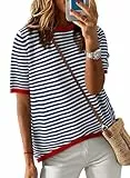 Cuptacc T-Shirt Damen Gestreiftes Shirt Damen Oberteile Sommer Top Locker Rundhals Baumwolle Tunika Elegant Dunkelblau Klein S 34-36