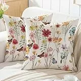 Jayusaror Kissenbezug 40x40 Frühling Bunte Blumen Blätter Outdoor Sofakissen Landhausstil Kissenhüllen Dekokissen Kissen Couchkissen Kissenbezüge Zierkissenbezug Garten Sofa Deko，2er Set