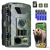 Wildkamera, 8K Video Wildtierkamera, 60MP Full HD WLAN mit Handyübertragung APP, Bewegungssensor, Nachtsicht, 0,1s Auslösezeit, Infrarot Wildkamera mit 32GB SD Karte & 8*AA-Batterien, IP66 Wasserdicht