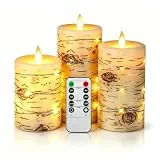 Da by LED-Kerze, Birkeneffekt, eingebettete Lichterkette, 8 cm x (12.5 cm, 15 cm, 16.5 cm), Elfenbein, echtes Wachs, Stumpenkerze mit tanzender LED-Flamme, Fernbedienung mit 11 Tasten