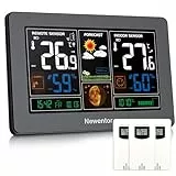 Newentor Wetterstation Funk mit Außensensor - Funkwetterstation mit Wettervorhersage, Temperaturwarnung, DCF Funkuhr - Batteriebetrieb und Netzbetrieb, Schwarz, 3 Außensensoren