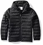 Amazon Essentials Jungen Leichte, Wasserabweisende, verstaubare Kapuzenjacke, Schwarz, 9 Jahre