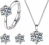 FDEETY Schmuckset Damen Silber, 925 Sterling Silber Anhänger Halskette Ring und Ohrringe Set Weißer Zirkonia Kristall Schmuckset Geschenke für Hochzeit Verlobung