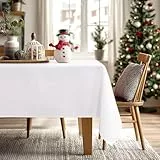 JIUZHEN Weihnachten Tischdecke Abwaschbar Tischdecken Leinenoptik Wasserabweisend Tischtuch Eckig mit Lotuseffekt, Dauerhaft Kratzfest für Wohnzimmer, Esszimmer, Balkon, Garten, 135x220 cm, Weiß