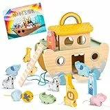 Arche Noah Holz Spielzeug - Taufgeschenke Jungen & Taufgeschenke Mädchen | Süße Taufen Geschenke für Patenkind mit Bilderbuch, Rädern und Seil | Taufgeschenk Junge Kinder | Geschenk zur Taufe Junge