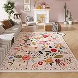 Sedefen Teppich Beige 160x230 cm Kurzflor Blumen Boho Rutschfester Waschbarer Flauschig Teppich Wohnzimmer Schlafzimmer Kinderzimmer Küche