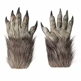 JIAHG Realistische Werwolf Klaue Handschuhe Pelzige Tierhandschuhe Lange Fingernägel Halloween Plüsch Horror Cosplay Tier Klaue Gothic Dämon Vampir Handschuhe (Grau und braun)