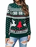 Clearlove Christmas Weihnachtspullover Damen Longsleeve Warme Strickpullover Rundhals Freizeit Sweater Winter Rentiermuster Pullover, Grün, XL
