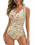 Vijamiy Badeanzug Damen Bauchweg Schlankheits Push Up Bademode V Ausschnitt Sexy Badeanzug Damen Modische Monokini Größe One Piece Swimsuits (Gelber Aufdruck,L)