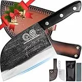 XYJ Full Tang Metzgermesser, handgefertigt, geschmiedet, Küchenmesser, mit hochwertigem Kohlenstoffbeschichtetem Stahl, mit Ledermesser-Scheide