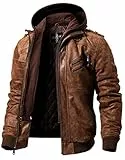 FLAVOR Echtes Lederjacke Herren Abnehmbarer Hoodie (S, Braun)