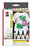 Marabu 1719000000085 - Fashion Spray, Tropical Island, Textilsprühfarbe auf Wasserbasis, für helle Textilien, einfache Fixierung, waschbeständig bis 40°C, 3 x 100 ml Farbe und 25 ml Fashion Liner