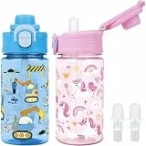 wooshwa Kinder Trinkflasche 380ml mit Strohhalm Sicherheitsverschluss und Beiß-Saug-Trinkauslauf, Auslaufsicher zum Wandern Sport, BPA-frei für Jungen Mädchen Kinder 2 Stück