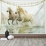 ABAKUHAUS Weiß Wandteppich und Tagesdecke, Camargue Pferde in Wasser aus Weiches Mikrofaser Stoff Waschbar ohne Verblassen Digitaldruck, 230 x 140 cm, Beige Weiß