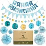 Meowoo Geburtstagsdeko, Blau Geburtstag Party Deko - Happy Birthday Girlande, Wimpelkette, Wabenblumen, Papierfächer - Wiederverwendbare Deko Geburtstag für alle Menschen