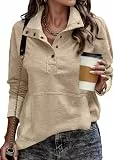 TrendiMax Pullover Damen Herbst Übergangs Sweatshirt Stehkragen Knopfleiste Langarm Pulli Locker Casual Oberteile Streetwear Sweatshirts ohne Kapuze (L, Aprikose)