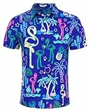 ALISISTER Hawaiihemd Herren Lustig 3D Neon Flamingo Kurzarm Hawaii Hemd Tropical Button Down Hemden Sommer Shirts XXL