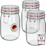 WELLGRO 3x Einmachgläser mit Bügelverschluss rund 1140ml, Fermentierglas, Vorratsgläser mit Deckel - Gläser mit Deckel Made in Germany