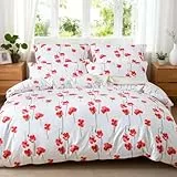 HENGWEI Warm Bettwäsche 135x200 2teilig Set Oeko-TEX Zertifiziert, Extraweiches Bettwäsche-Sets für Einzelbett Hochwertiges Microfaser Bettbezug mit Kissenbezug 80x80cm, Kleine Rote Blume