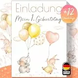Olgs Ballon Party Einladungskarten mit Elefant & Hase, 12er Set, inkl. Umschläge, Ideal für Mädchen Kinder- & Babygeburtstag