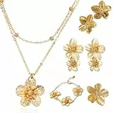 AHEJIOO 5 Stück Gold Schmuck Set Damen, Vintage Blumen Halskette Armband Ring und Statement Ohrringe, Goldschmuck Blumenohrringe Gold für Hochzeit Party, Goldene Ohrringe Damen Geschenkidee