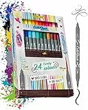 ONLINE Brush-Pen Set Calli.Brush I 24 Double-Tip Pinselstifte mit Kalligrafie-Spitze & Pinselspitze I farbenfrohe Handlettering Stifte für Kalligraphie, Bullet Journals & Co. I in Bambus-Box