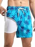 Arcweg Badehose Herren 2 in 1 Badeshorts Männer mit Kompressions Liner Schnelltrocknende Atmungsaktive mit Reißverschlusstaschen Schwimmhose für Strand, Sport & Freizeit Kokosnussbaum L(EU)