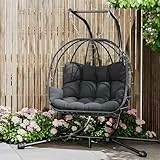Pamapic Hängesessel, Rattan Hängesessel für 2 Personen mit Gestell, UV-beständige Kissen mit Armlehnen und Kopfstütze, Schaukelstuhl für Außenbereich, Innenbereich, Garten, Tragfähigkeit 300kg, Grau