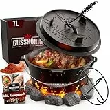 GUSSKÖNIG Dutch Oven Set [7L ] - Eingebrannter Feuertopf mit praktischem Deckelheber und Edelstahl Untersetzer