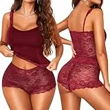 RSLOVE Schlafanzug Damen Kurz Sexy - Spitze Pyjama Set Camisole Tops und Shorts Nachtwäsche Weinrot XXL