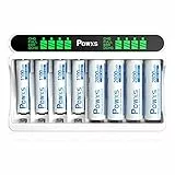 POWXS Batterie Ladegerät mit 4 AA & 4 AAA Akku, 8-Ladeplatz Akku Ladegerät mit LCD Anzeige, Schnell Akkuladegerät für NI-MH NI-CD AA/AAA Akkus USB & Typ-C Eingang