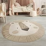 TT Home Kinderteppich Rund, Spielteppich Erdtöne, 3D Design Löwen, Robust & Modern für Jungen und Mädchen, Größe:120 cm Rund