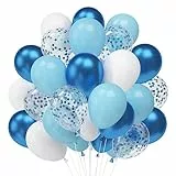 Luftballons Blau Weiß, 60 Stück Metallic Blau Helium Ballon, Blaue Konfetti Ballons, 12 Zoll Hellblau Weiss Latex Party Ballons für Kinder Junge Geburtstag Hochzeit Taufe Baby Shower Deko