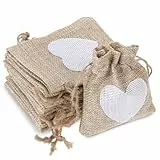 Bewudy 10 Stück Kleine Säckchen Zum Befüllen, 10x8cm Jutesäckchen Stoffbeutel mit Kordelzug Geschenksäckchen mit Herz Klein Leinenbeutel Stoffsäckchen für Geburtstag Hochzeit Kinderparty (Leinenfarbe)