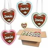 20 Stück Lebkuchenherzen Danke Sprüche mit zufälligen Randfarben 10cm groß, Backfrische Premium Qualität Oktoberfest Lebkuchen Herzen Lebkuchenwelt