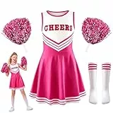 Cheerleader Kostüm Kinder,Cheerleader Pompoms,Cheerleadering Outfit Mädchen mit Pompons,Socken,Cheerleadering Outfit,für Verkleidung Karneval Party Cosplay Halloween,8-9 Jahre,BlauTag 140 (rosa)