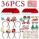 Withosent 36 Stück Weihnachts Accessoires, 6 Haarreif Weihnachten Stirnband, 6 Weihnachtsbrille, 12 Weihnachtsmützen, 12 Tattoo mit Geschenkbox zum Weihnachten Party für Erwachsene und Kinder
